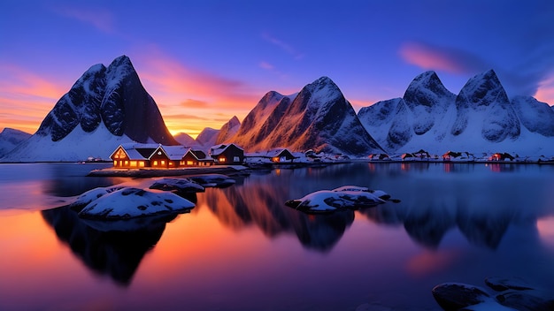 Lofoten Islands Norway Reine Lofoten Sunset Mountain Winter Snow Sea Water Reflection Nature