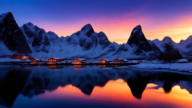 Lofoten Islands Norway Reine Lofoten Sunset Mountain Winter Snow Sea Water Reflection Nature