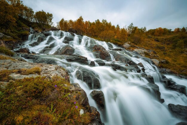 Lofoten waterfall on Moskenesoya Lofoten Norway