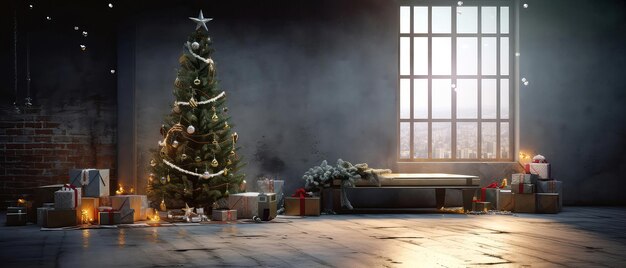 Loft apartment room decorated Christmas tree gift boxes light candles on concrete textured place