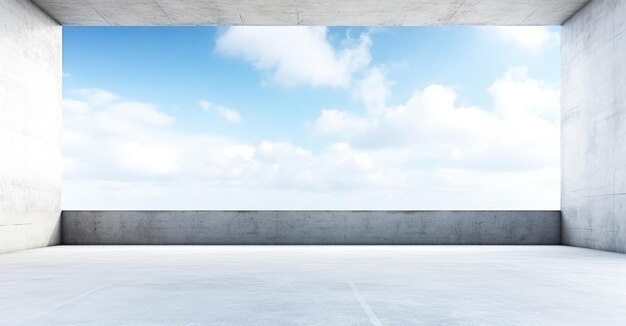 Loft apartment with a huge panoramic window with concrete and sky