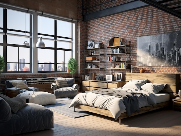 Loft bedroom interior with a modernindustrial design AI Generated