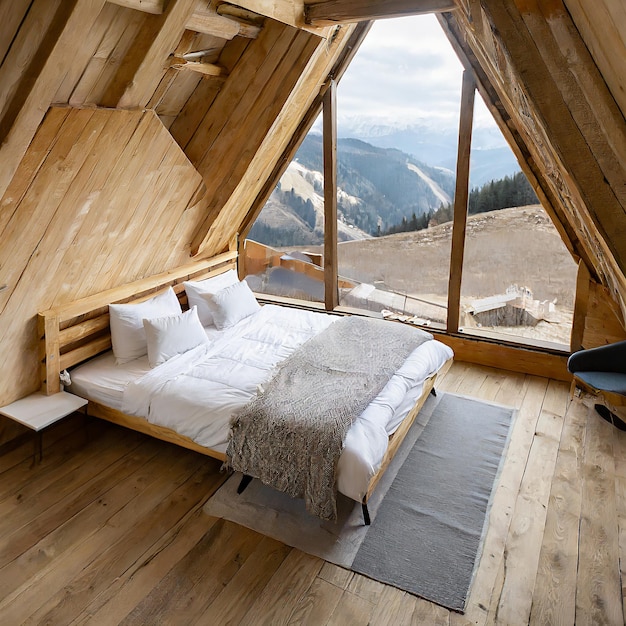 Loft bedroom in the mountains with winter ambience with duvet cover or blanket top view