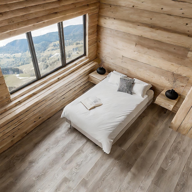 Loft bedroom in the mountains with winter ambience with duvet cover or blanket top view