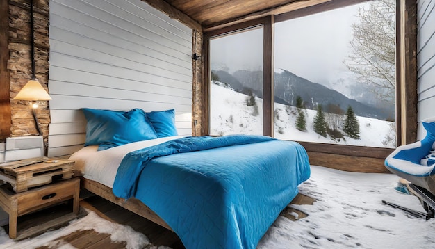 Loft bedroom in the mountains with winter ambience with duvet cover or blanket
