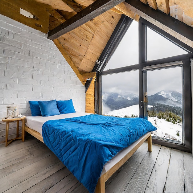 Loft bedroom in the mountains with winter ambience with duvet cover or blanket