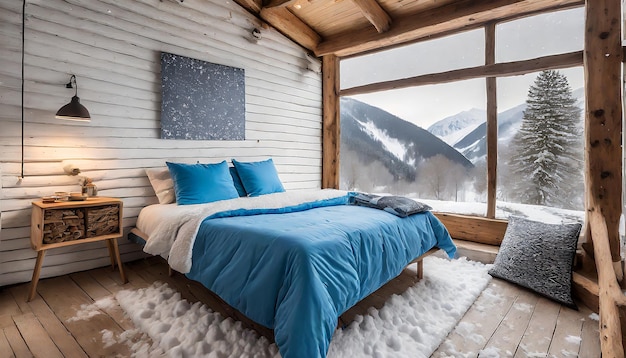 겨울 분위기 와 함께 산 에 있는 옥상 침실 에 침대 개 나 담요 가 있다