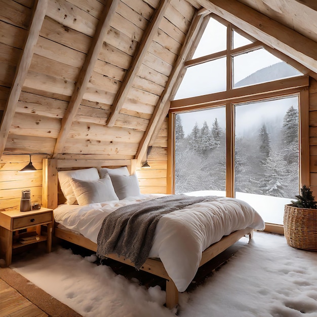 Loft bedroom in the mountains with winter ambience