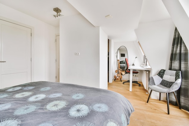 Loft bedroom with wooden floor