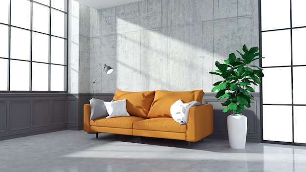 Loft en vintage woonkamer interieur, charmante oranje sofa op betonnen muur