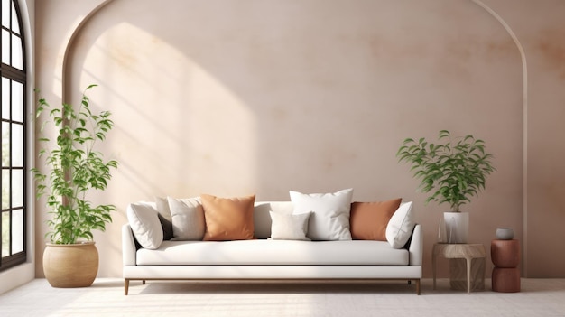 Лофт дома дизайн интерьера современной гостиной бежевый диван с терракота подушками против арочной