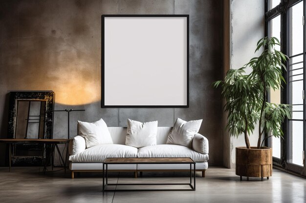 Photo loft industrial style living room interior with poster mockup created with generative ai