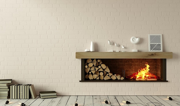 Loft interior fireplace and decor on old wall