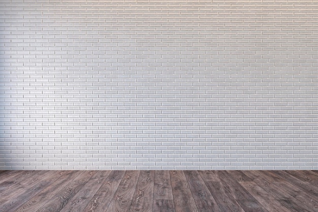 Loft interior with blank white brick wall and wooden floor