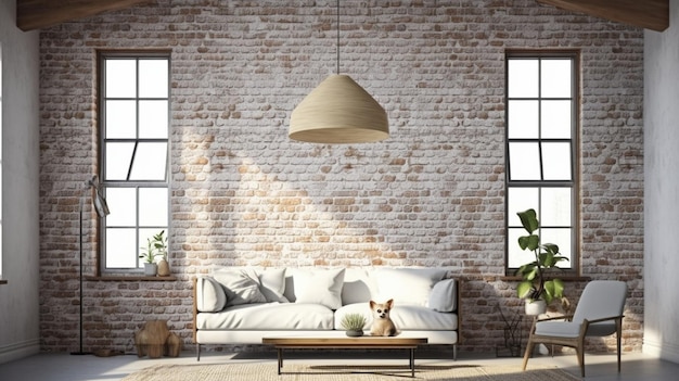 Loft interior with mirror candles brick wall large window living room in modern desi Generative AI