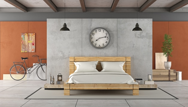 Loft interior with wooden bed. 3D Rendering