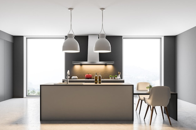 Loft keuken interieur met grijze muren, een betonnen vloer, een witte bar en een tafel met stoelen. 3D-rendering mock-up