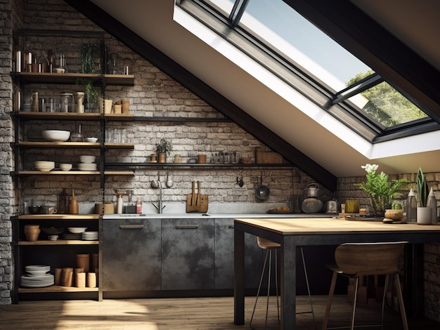 Loft keukeninterieur met industrieel ontwerp AI gegenereerd