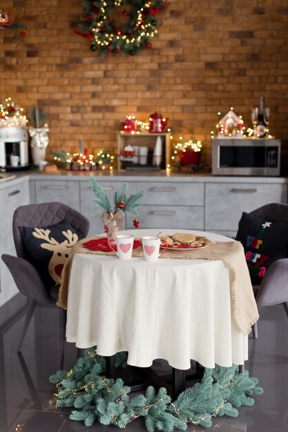 Loft kitchen interior with Christmas decorations