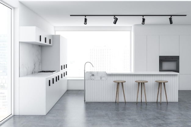 白と大理石の壁、コンクリートの床、白いバー、家電製品が組み込まれたカウンタートップを備えたロフト キッチンのインテリア。 3D レンダリングのモックアップ