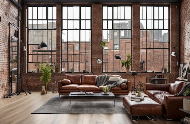 Loft living room with exposed brick industrial style design neutral color palette