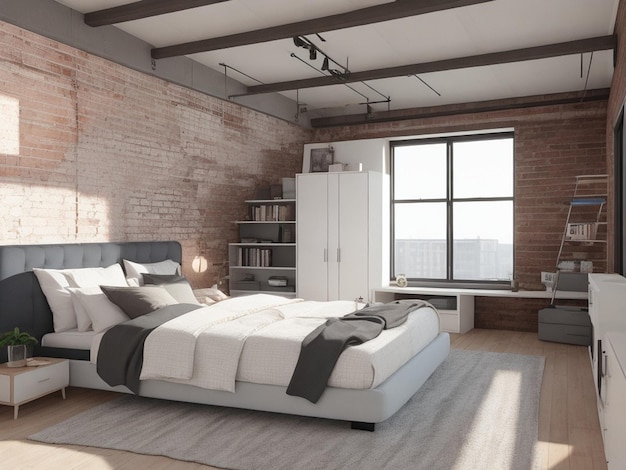 Loft and modern bedroom 3D render image