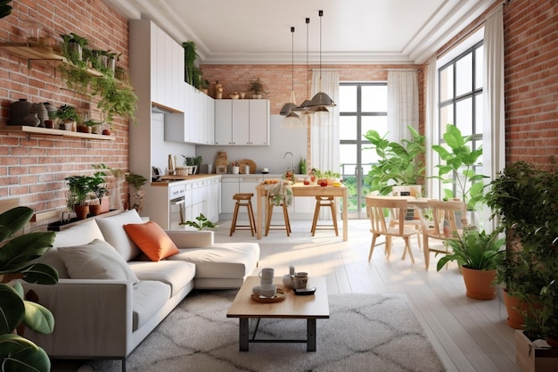 Loft-stijl appartement grote ruime woonkamer met eettafel en keuken Kamer met generatieve AI