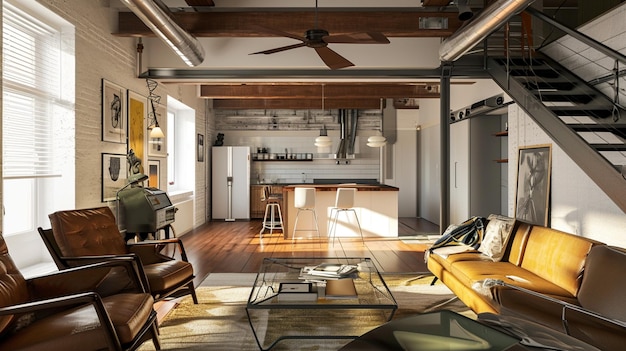 Loft stijl woonkamer interieur met design meubels eclectisch interieur Generatieve Ai