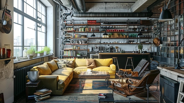 Loft stijl woonkamer interieur met design meubels eclectisch interieur Generatieve Ai