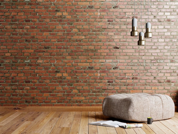 Foto loft-stijl woonkamer met beige stof ottomaanse roestvrijstalen lamp en tijdschrift op lege bakstenen rode muur achtergrond 3d-rendering