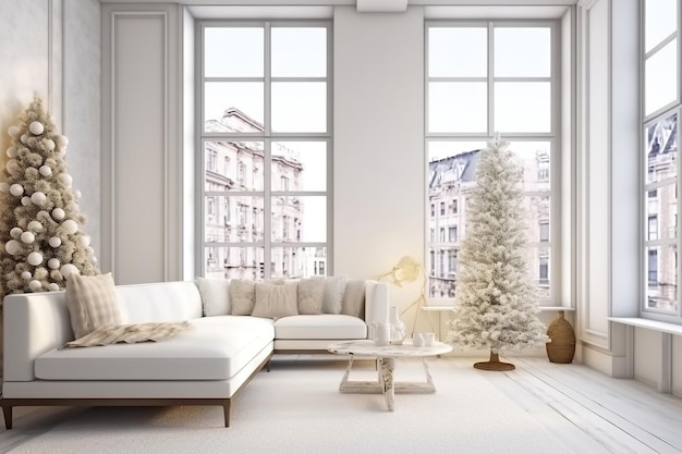 Loft style airy light living room interior in neutral colors design with large windows natural light and christmas tree decoration stylish modern luxury apartment in downtown ai generative content