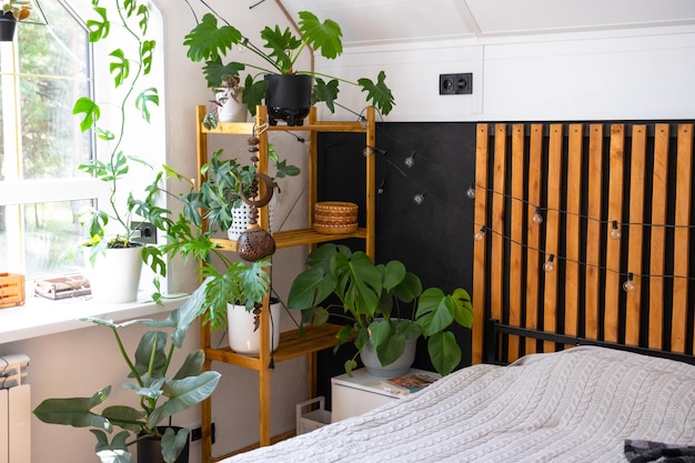 Foto camera da letto in stile loft interno parete nera con lastre di legno letto metallico lampadine retro ghirlande piante in vaso su una finestra trapezoidale in soffitta casa verde moderna