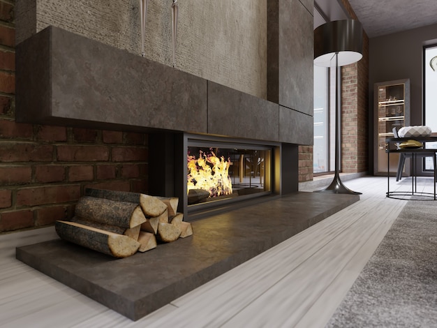 Loft-style designer fireplace, built-in firebox with burning fire and firewood. 3d rendering.