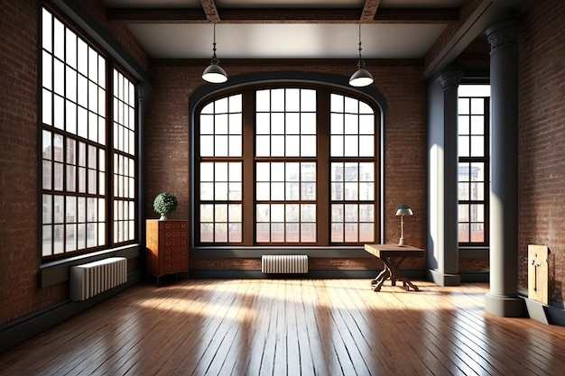 Loft style empty room with a huge window Stylish brick and wood interior