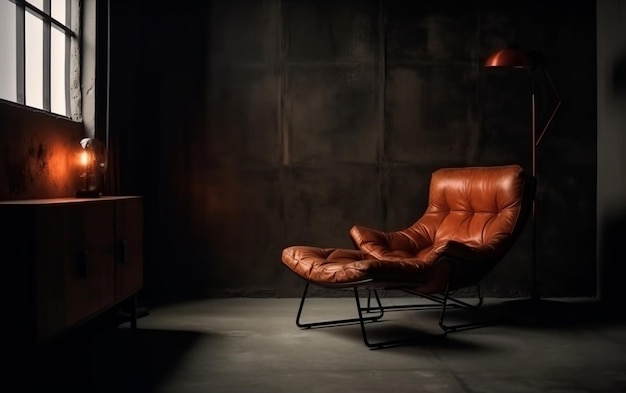 Loft Style Interior with Armchair on a Dark Cement Wall Generative AI