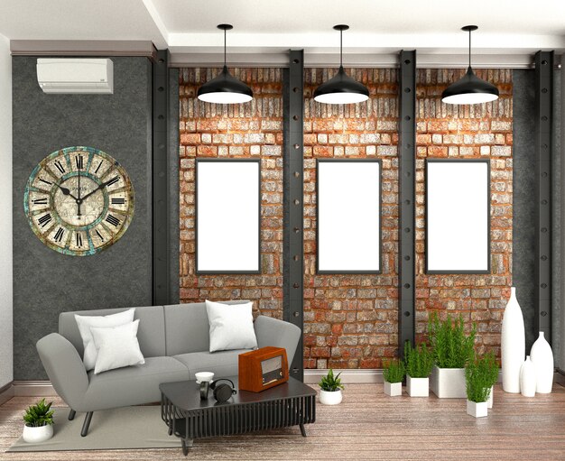 Photo loft style living interior design. 3d rendering