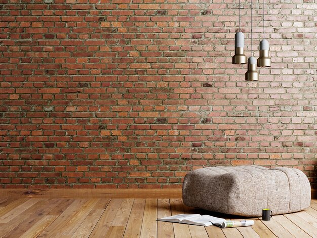 Photo loft style living room with beige fabric ottoman stainless lamp and magazine on empty brick red wall background 3d rendering