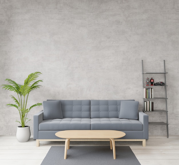 Loft style living room with raw concrete, wooden floor, sofa