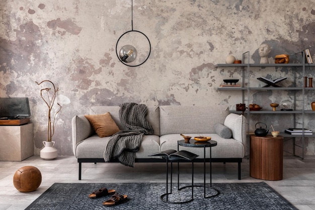 Photo loft style of modern apartment with grey design sofa marble coffee table bookstand pedant lamp