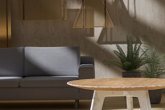 Loft and vintage interior of living room with sofa and wood tea\
table in front