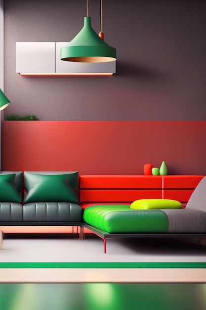 Loft woonkamer interieur grijze groene en rode kleuren illustratie gegenereerd door Ai