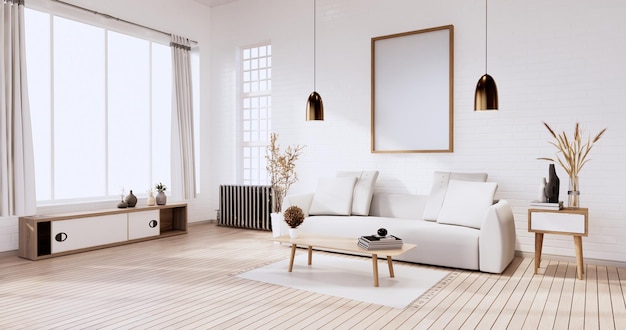 Loftstijl met witte muur op houten vloer en bankfauteuil op tapijt. 3D-rendering