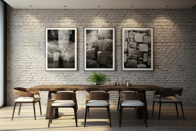 Интерьер столовой в стиле лофт с кирпичной стеной и рамками для картин
