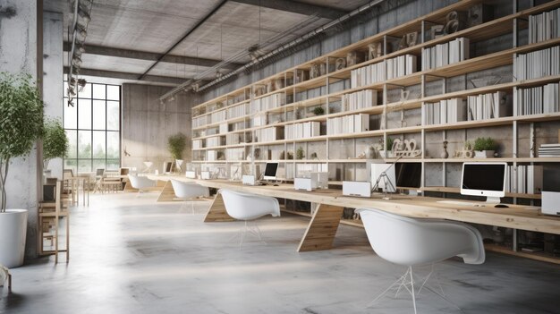 Loftstyle office large modern computers office tables and chairs light concrete walls and large pano