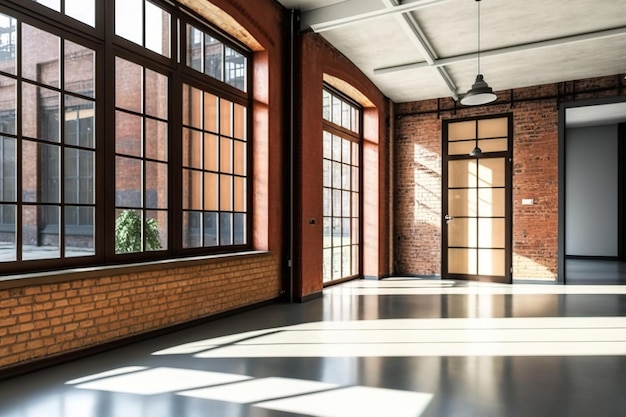 Loftstyle residence Large red brick wall windows