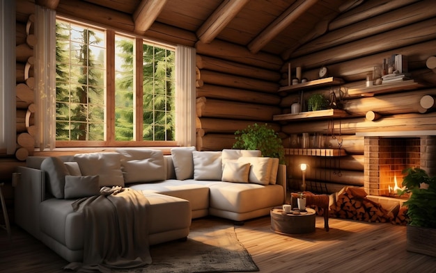 Log cabin comfort gezellig interieur huis mockup generatieve AI