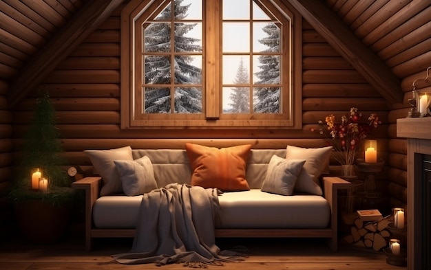 Log cabin comfort gezellig interieur huis mockup generatieve AI