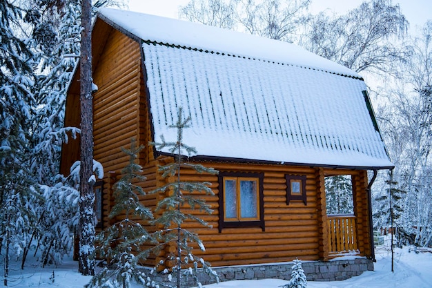 Деревянный домик, покрытый снегом, посреди заснеженного леса