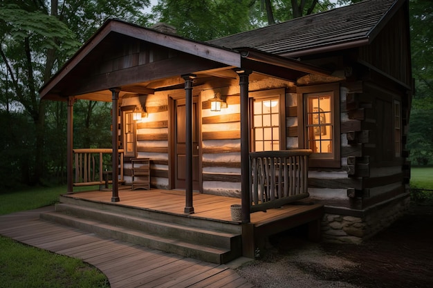 Log cabin exterior with wooden porch and lantern light