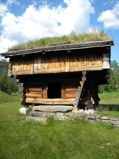 雲の多い空に照らされた芝生の畑の木造小屋